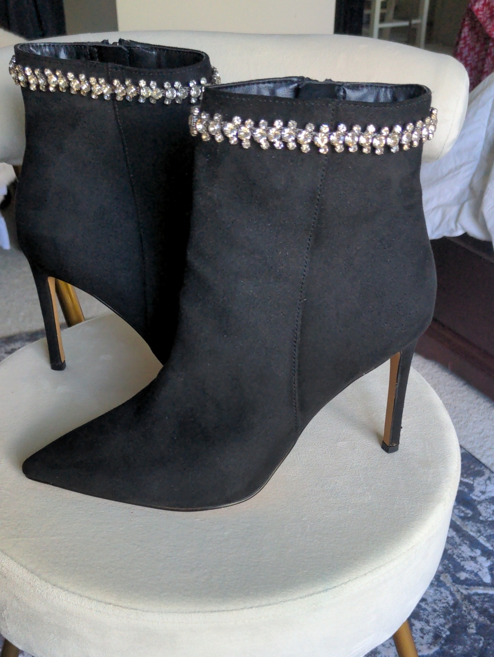 Express Black Suede Rhinestone Pointed Toe Stiletto Booties